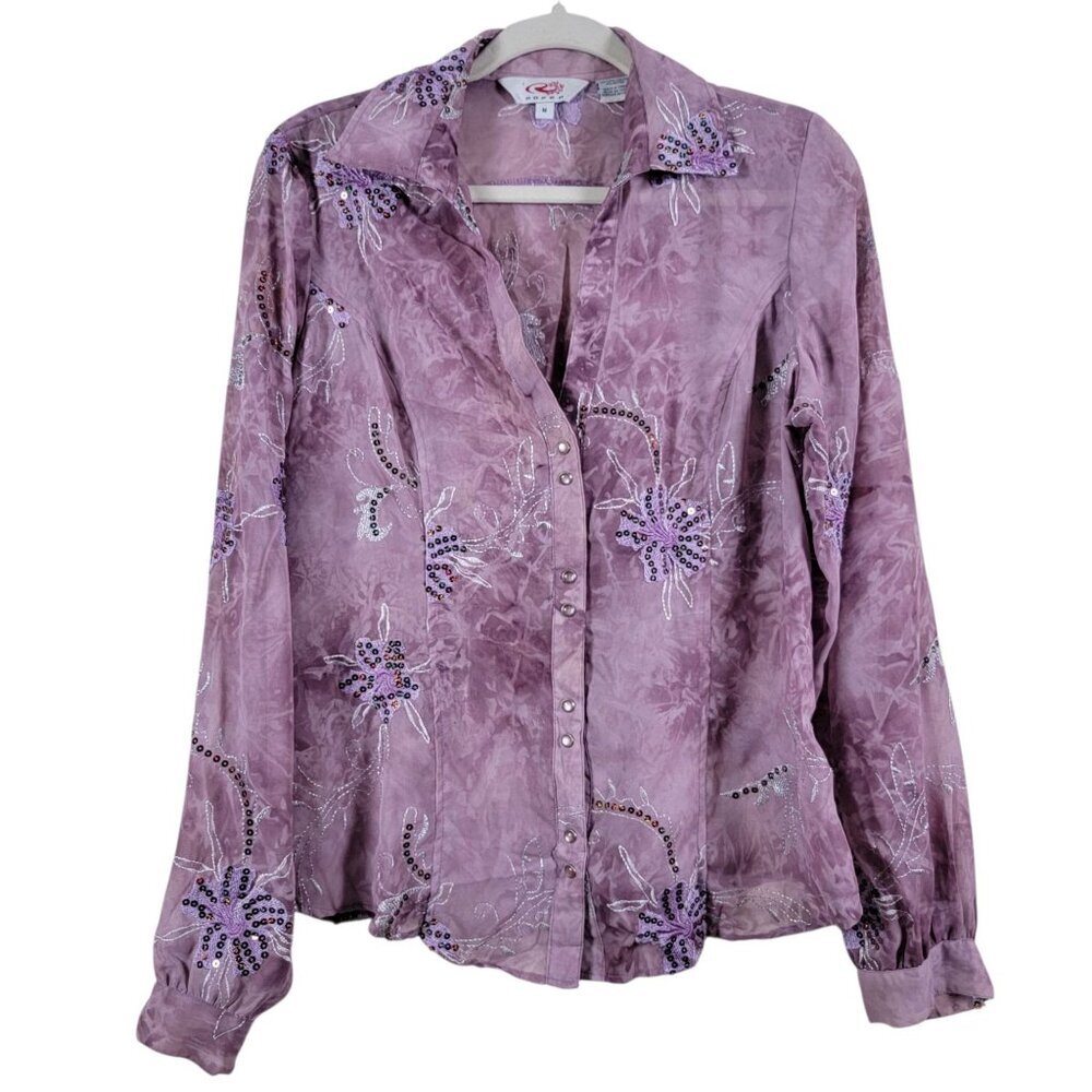 Roper Womens Purple Floral Sequin Embroidered Sheer Western Snap Button Top M